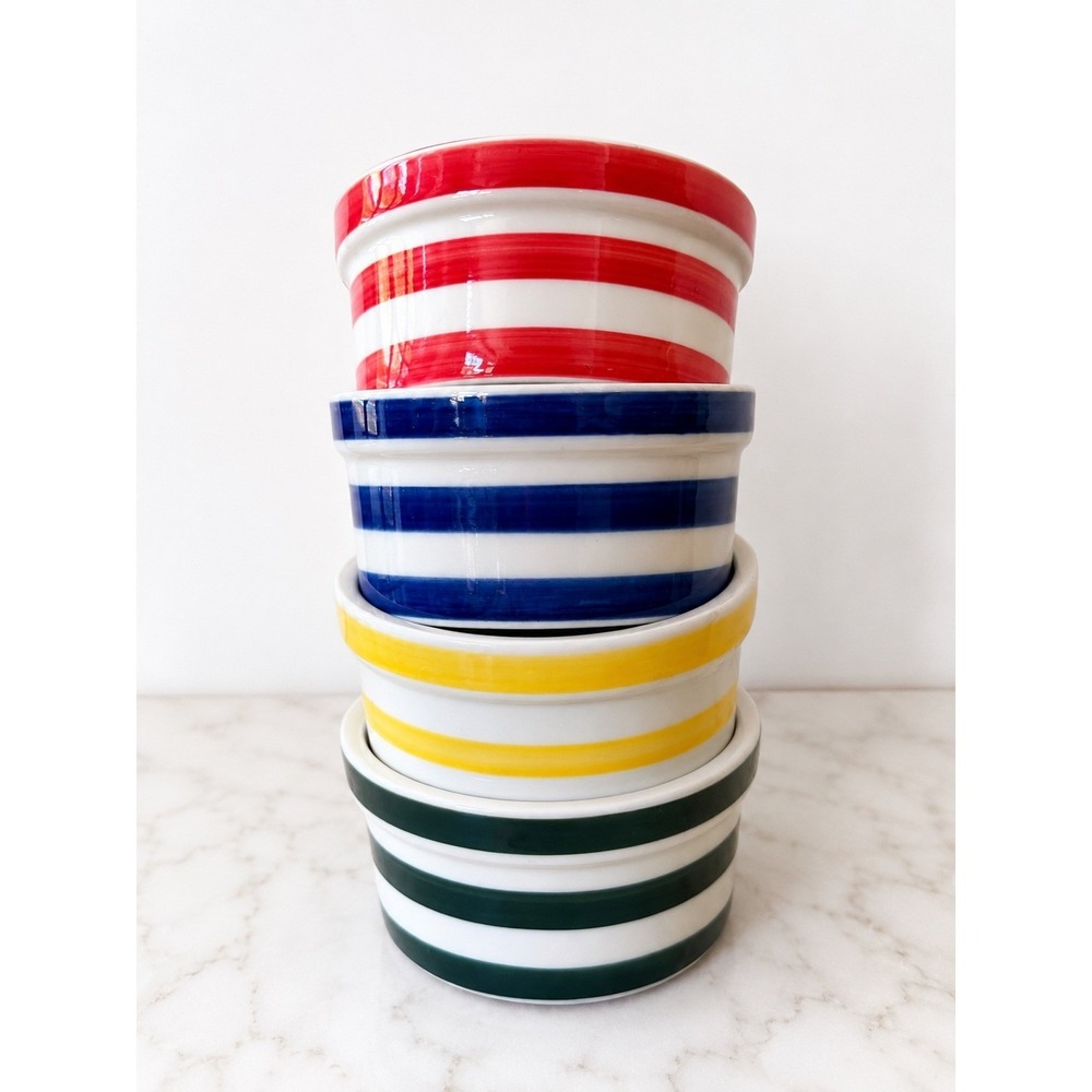 Ceramic Striped Ramekins Set of 4 Multicolor Small Bowls Souffle Prep Dishes 4oz